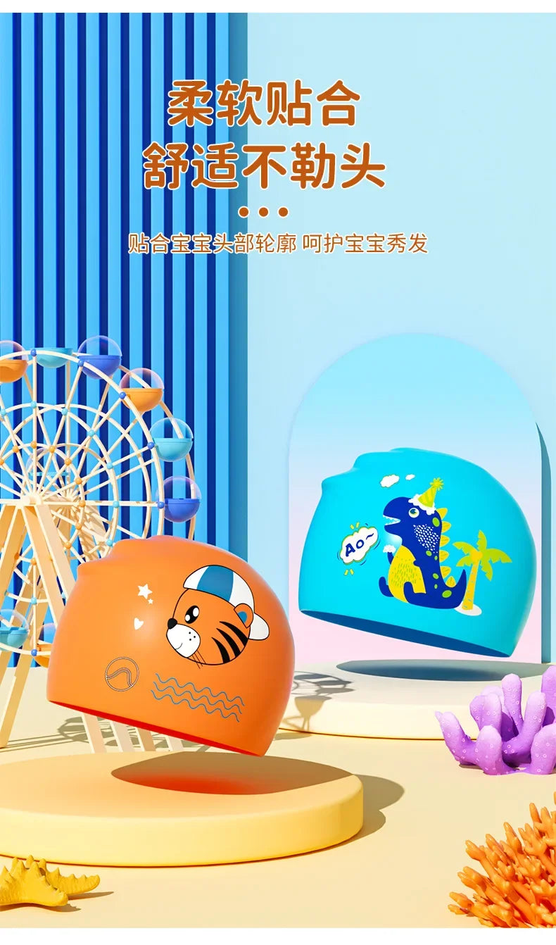 Gorros de natación para niños, protección para los oídos, gorro de natación de silicona suave para niños y niñas, gorro de baño bonito de dibujos animados, accesorios para piscina