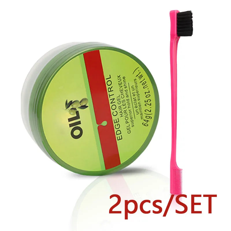 Cera de Control de bordes para mujer, Gel de Control de bordes de aceite de oliva con cepillo, cuchara, crema más suave para bordes de cabello de bebé, 2,25 Oz