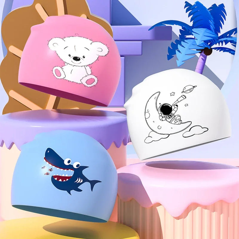 Gorros de natación para niños, protección para los oídos, gorro de natación de silicona suave para niños y niñas, gorro de baño bonito de dibujos animados, accesorios para piscina