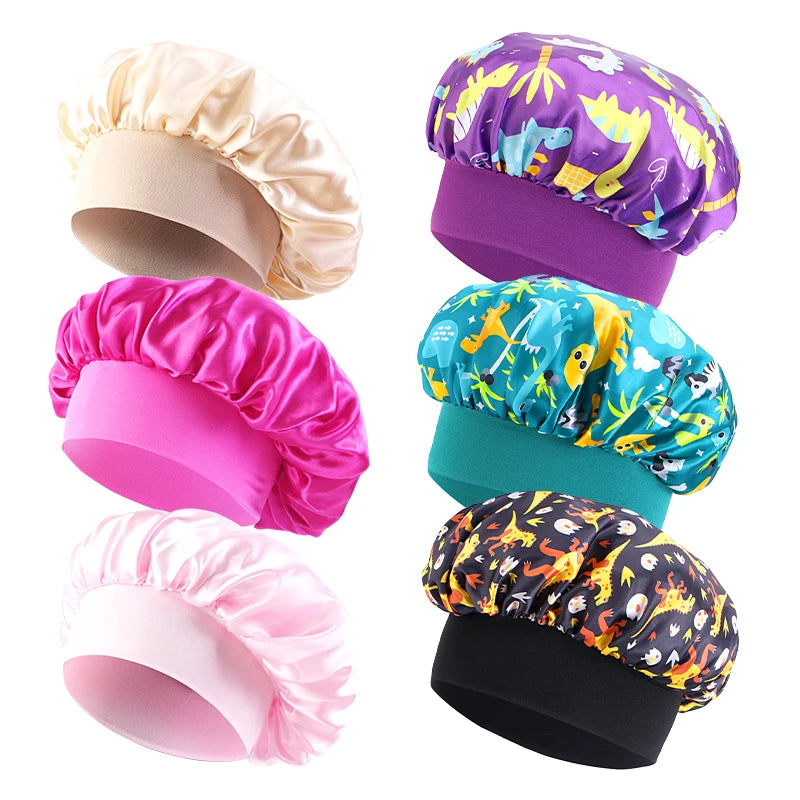 6 unids/lote gorro para niños lindo banda ancha elástico estampado de dibujos animados dormir moda gorro de dormir cuidado del cabello niños niñas gorro para dormir