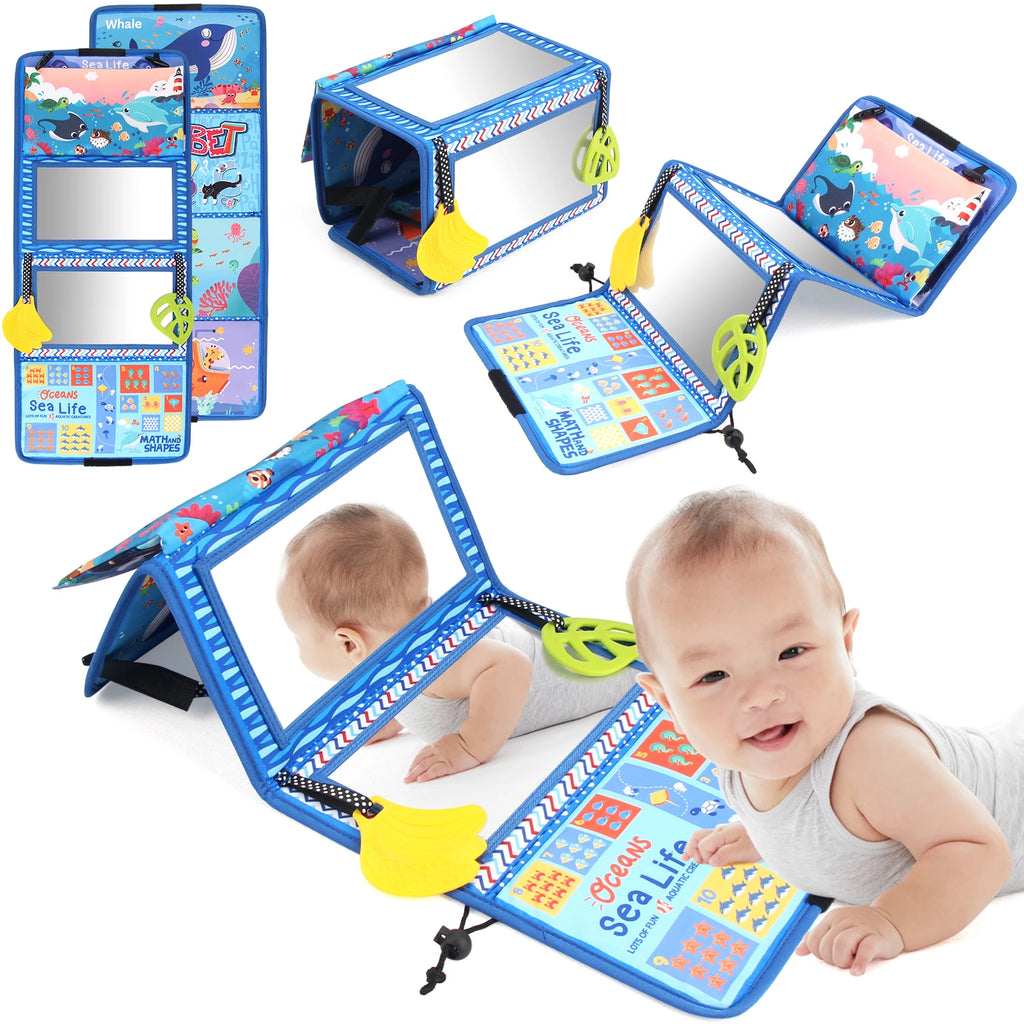 Libro de tela para bebé con espejo distorsionado, juguete educativo Montessori interactivo para padres e hijos, dibujos animados suaves