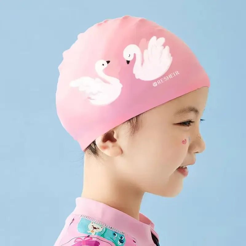 Gorros de natación para niños, protección para los oídos, gorro de natación de silicona suave para niños y niñas, gorro de baño bonito de dibujos animados, accesorios para piscina