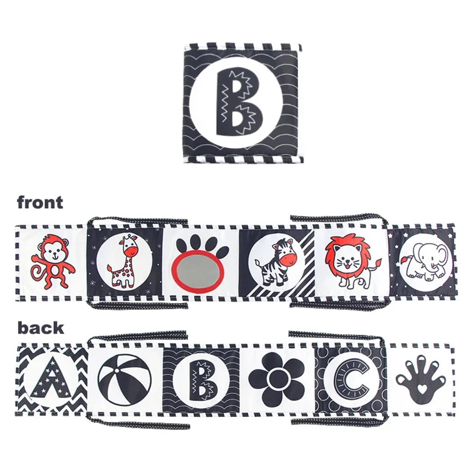 Libro de tela para bebé, juguetes de alto contraste para bebé de 0 a 36 meses, juguetes para cuna para recién nacido, libros de tela sensoriales de animales en blanco y negro, juguetes Montessori