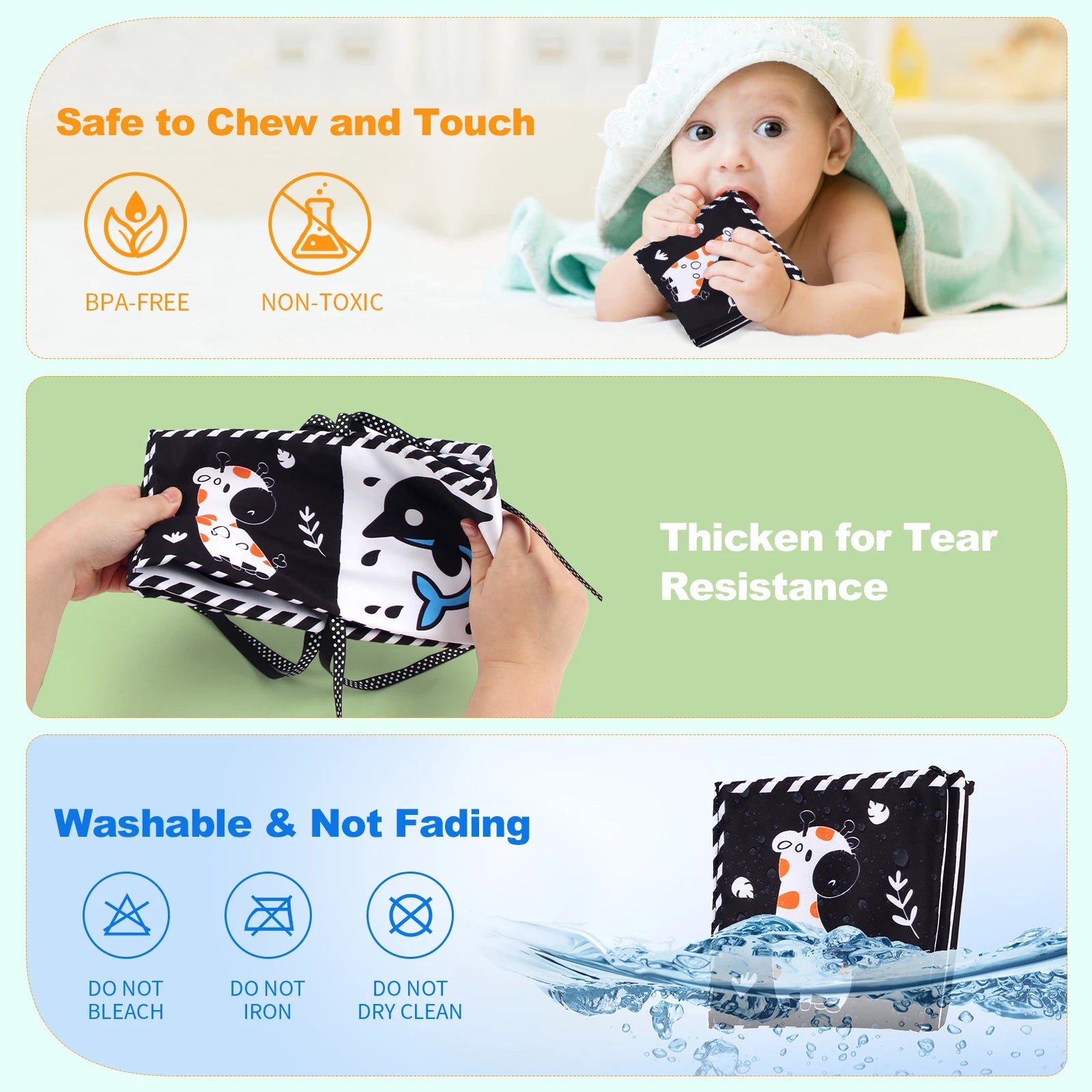 Libro de tela para bebé, juguetes de alto contraste para bebé de 0 a 36 meses, juguetes para cuna para recién nacido, libros de tela sensoriales de animales en blanco y negro, juguetes Montessori