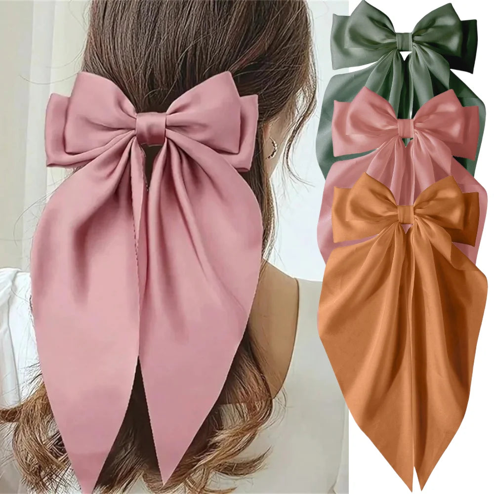 2/3/4/6/12 unids/set satén sedoso cinta con lazo de gran tamaño Clip para el cabello para mujeres pasadores Clips de Metal accesorios estéticos para el cabello