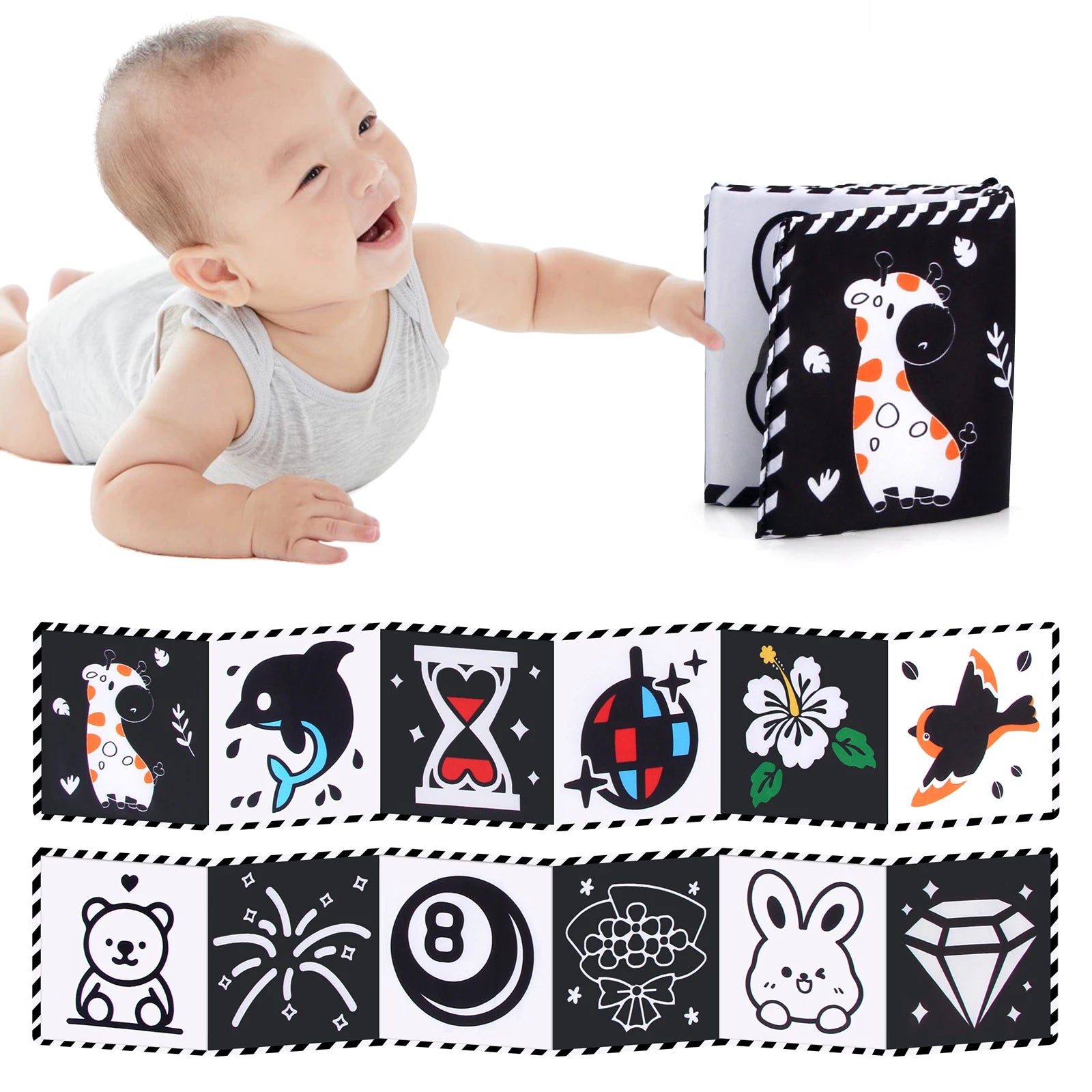 Libro de tela para bebé, juguetes de alto contraste para bebé de 0 a 36 meses, juguetes para cuna para recién nacido, libros de tela sensoriales de animales en blanco y negro, juguetes Montessori