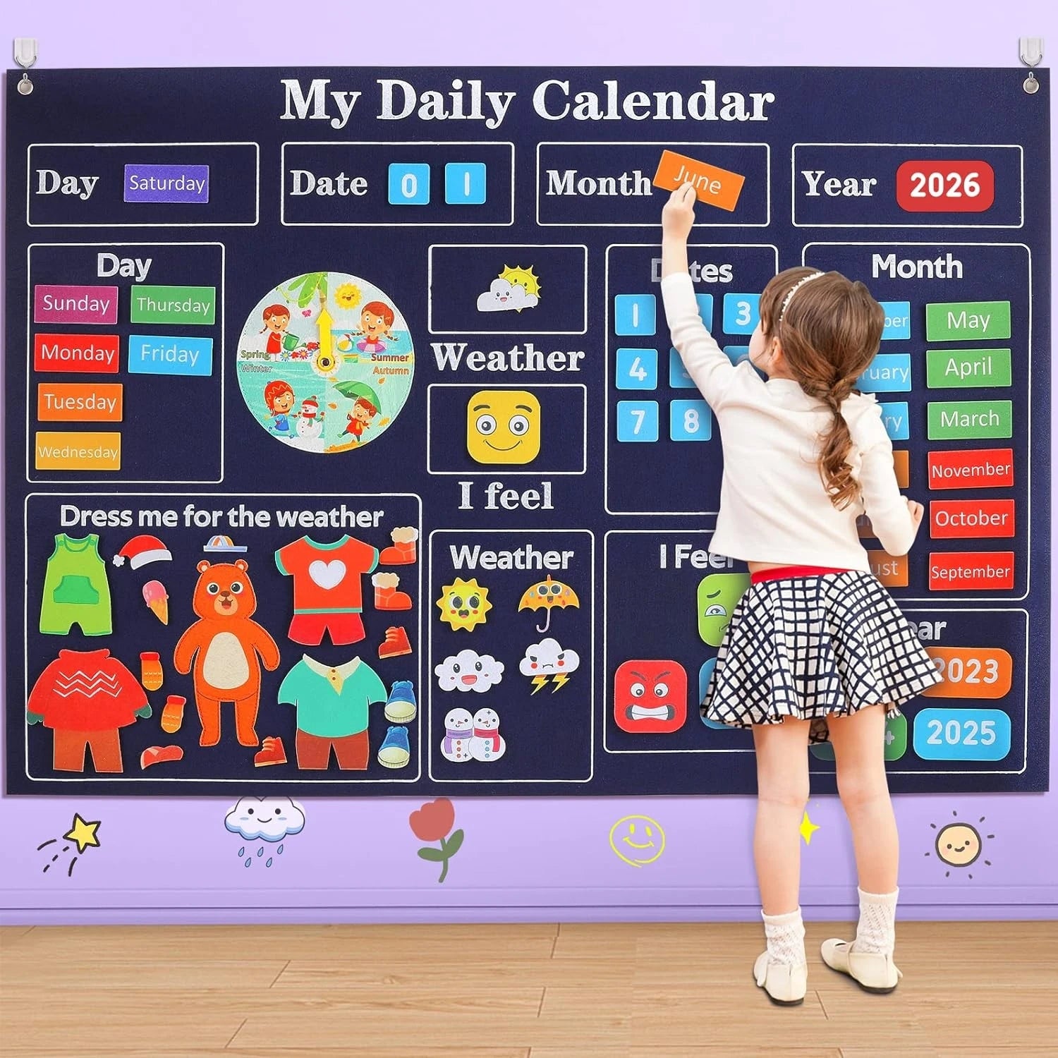 Calendario de fieltro diario My Frist, tablero de cuentos sensoriales Montessori para niños pequeños, actividades diarias, aprendizaje cognitivo, material didáctico en el aula