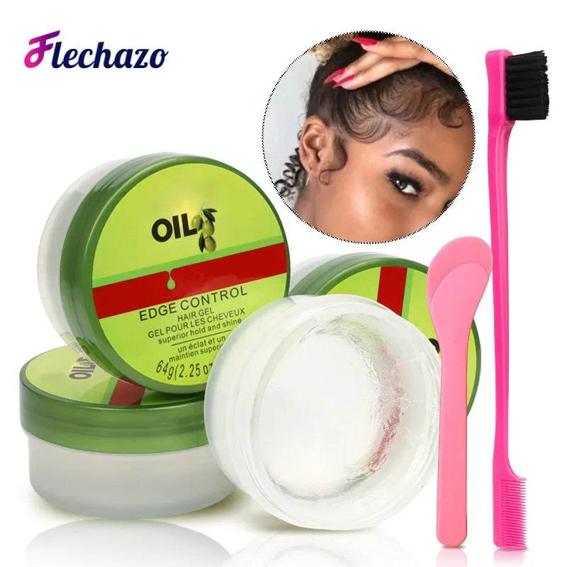 Cera de Control de bordes para mujer, Gel de Control de bordes de aceite de oliva con cepillo, cuchara, crema más suave para bordes de cabello de bebé, 2,25 Oz