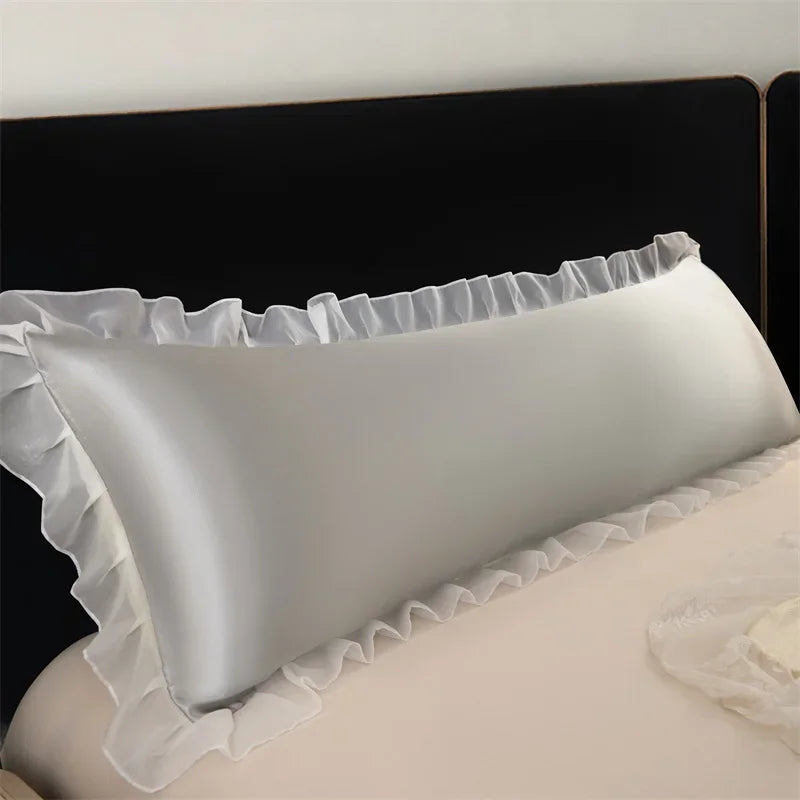 1pc Satin Silk Pillowcase with Ruffles 48x120/150/180cm Double Pillowcase Cover with Lace Smooth Long Pillow Sham for Summer