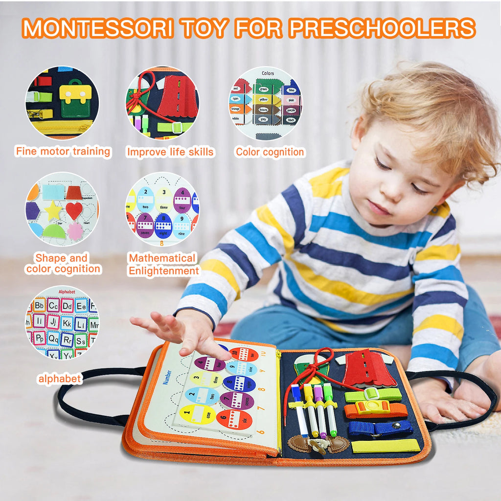 Tablero ocupado Montessori para edades de 3 a 6 años: juguete educativo sensorial para el aprendizaje temprano y el desarrollo de habilidades motoras finas
