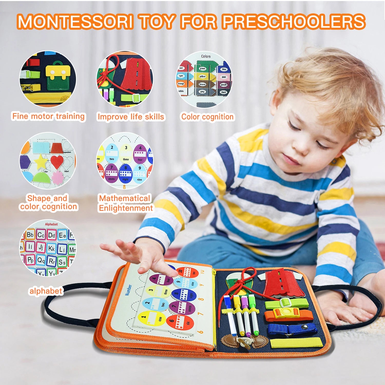 Tablero ocupado Montessori para edades de 3 a 6 años: juguete educativo sensorial para el aprendizaje temprano y el desarrollo de habilidades motoras finas