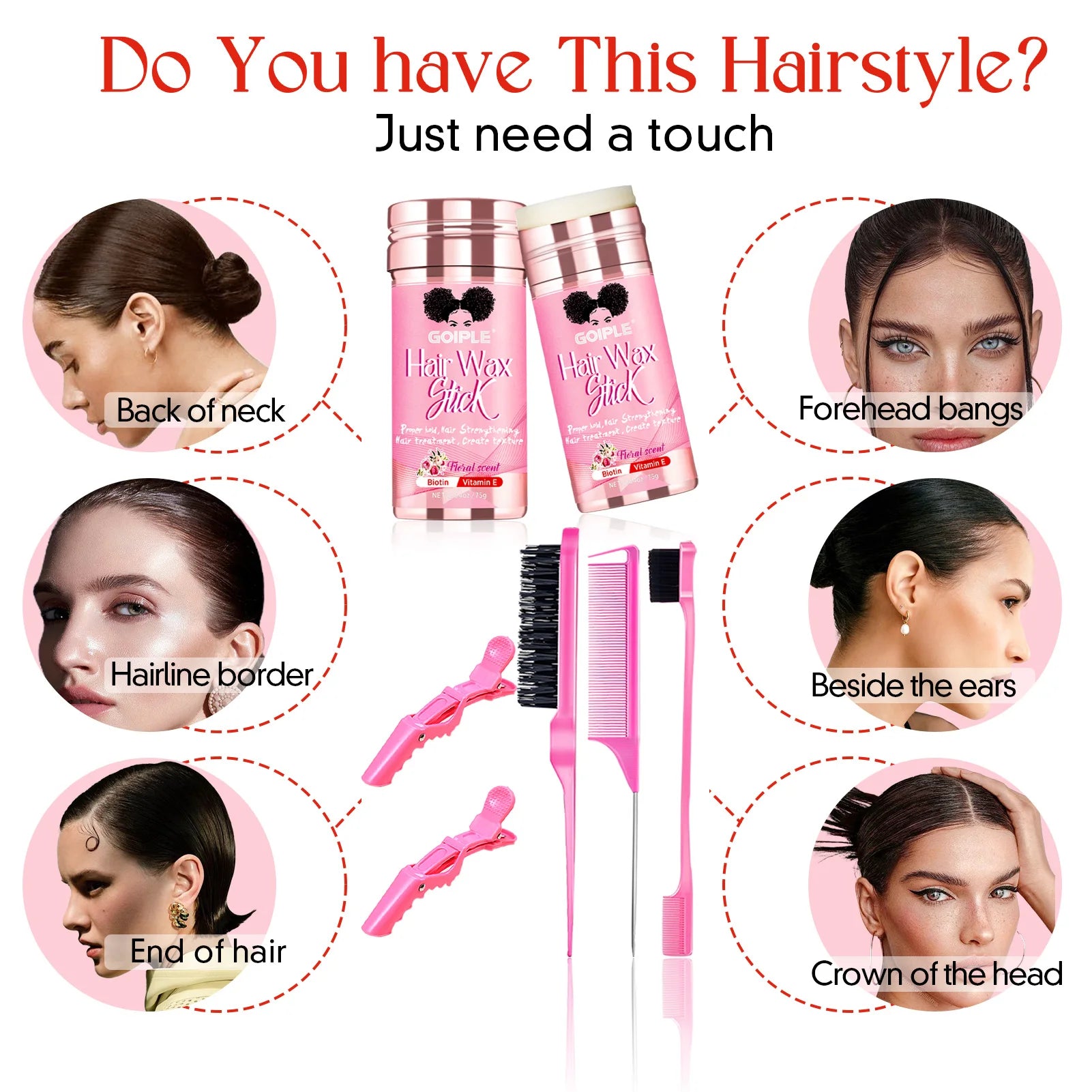 GOIPLE-Juego de peines para el cabello con barra de cera, 75g, sujeción perfecta, acabado para el cabello roto, pomada Tame Flyaways Slick Stick, crema de estilismo con vitamina E