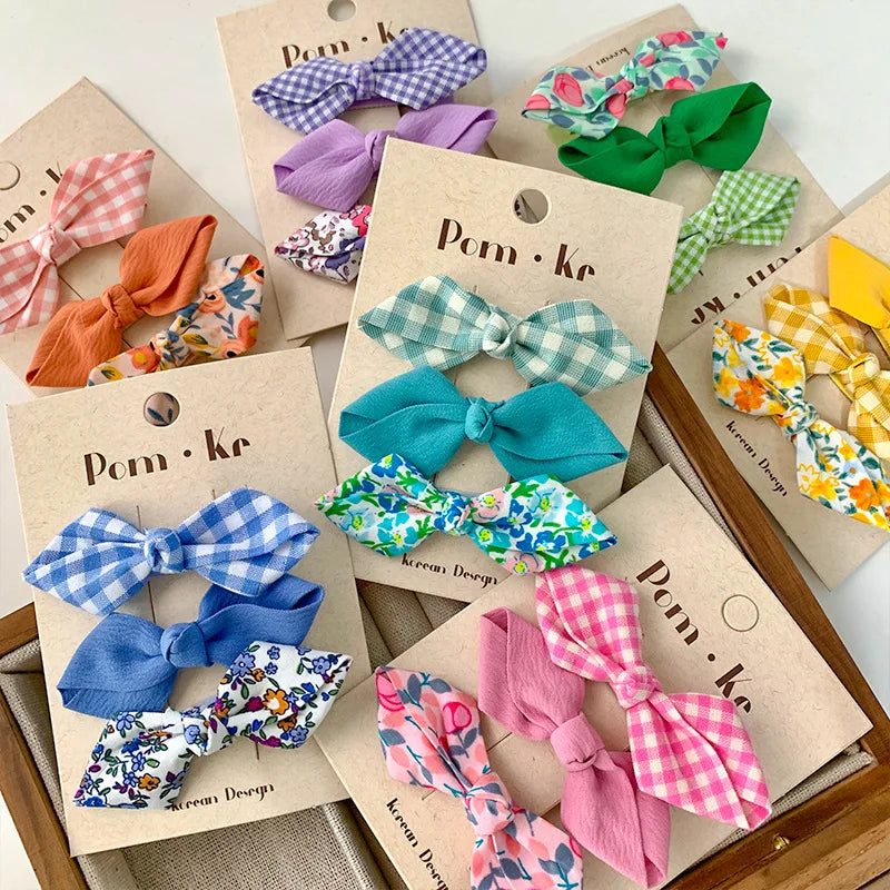 Conjunto de horquillas con lazos bonitos para niñas, flequillo Floral a cuadros, Clip para el cabello, accesorios coreanos para el cabello, tocado dulce para niños, 3 unids/lote