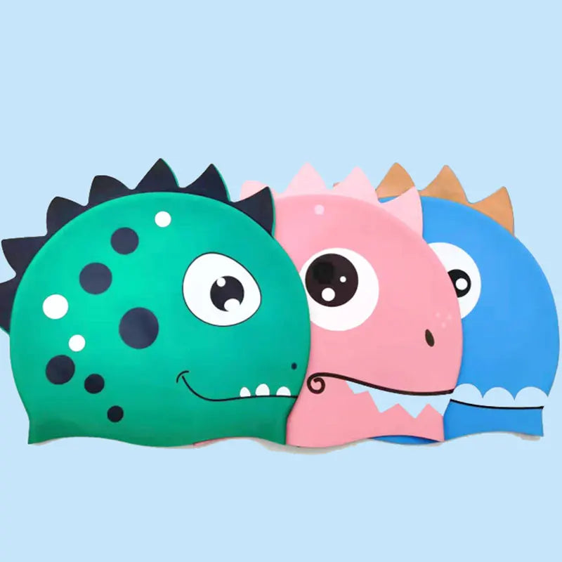 Nuevo gorro de natación de silicona con dibujos animados, gorro de piscina deportivo de pelo largo de dinosaurio resistente al agua, gorro de natación elástico para adultos y niños