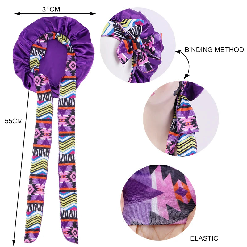 2 unids/lote, diadema con estampado bohemio, gorro de satén con cordones, gorro para el pelo con lazo, gorro elástico para dormir de noche, gorros de baño para ducha para mujer