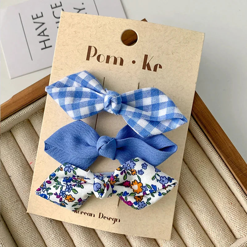 Conjunto de horquillas con lazos bonitos para niñas, flequillo Floral a cuadros, Clip para el cabello, accesorios coreanos para el cabello, tocado dulce para niños, 3 unids/lote