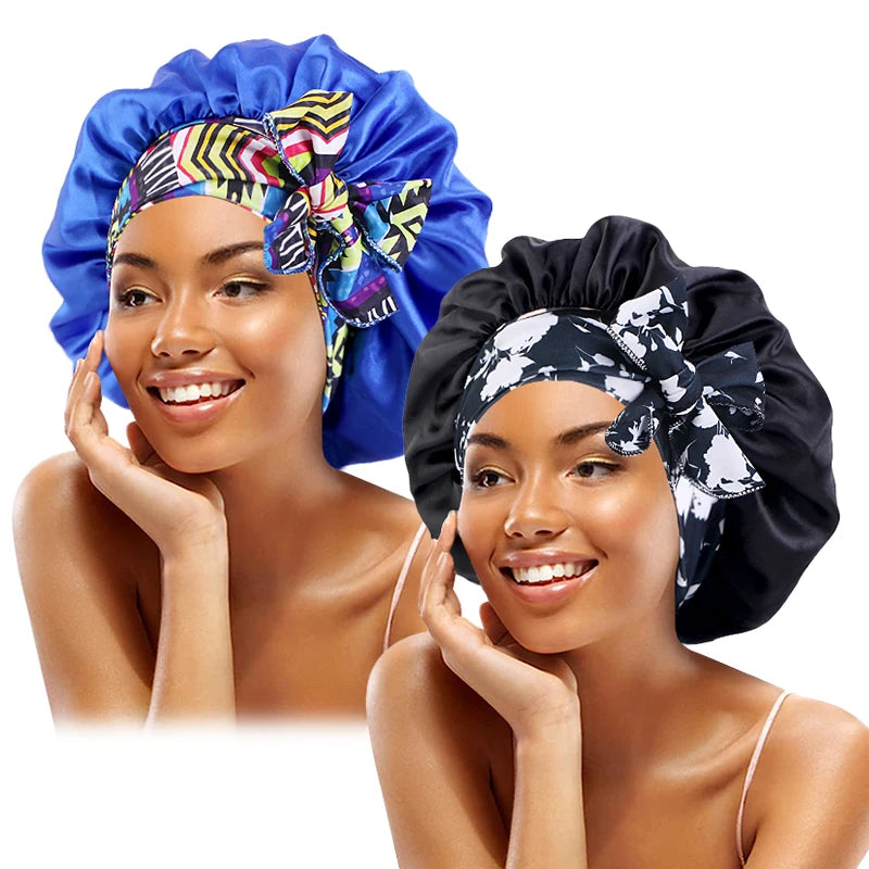 2 unids/lote, diadema con estampado bohemio, gorro de satén con cordones, gorro para el pelo con lazo, gorro elástico para dormir de noche, gorros de baño para ducha para mujer