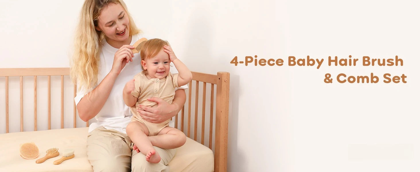 Juego de 4 Uds de cepillos y peines para bebé, cepillo de masaje de pelo de cabra Natural Ultra suave de madera para recién nacido, juego de peines para niño y niña