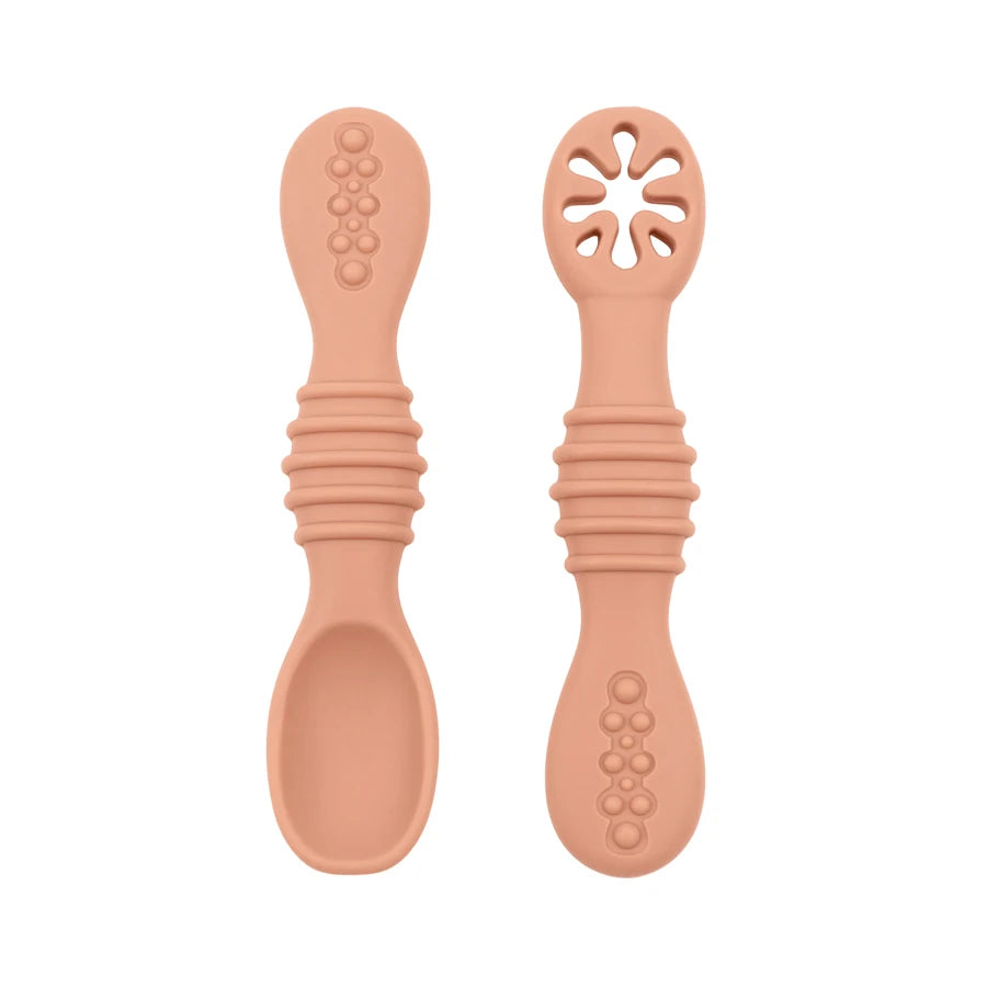 Juego de cucharas de aprendizaje para bebé, cuchara adhesiva de silicona de calidad alimentaria, cubiertos para niños, cuchara de entrenamiento, vajilla de alimentación, 2 uds.