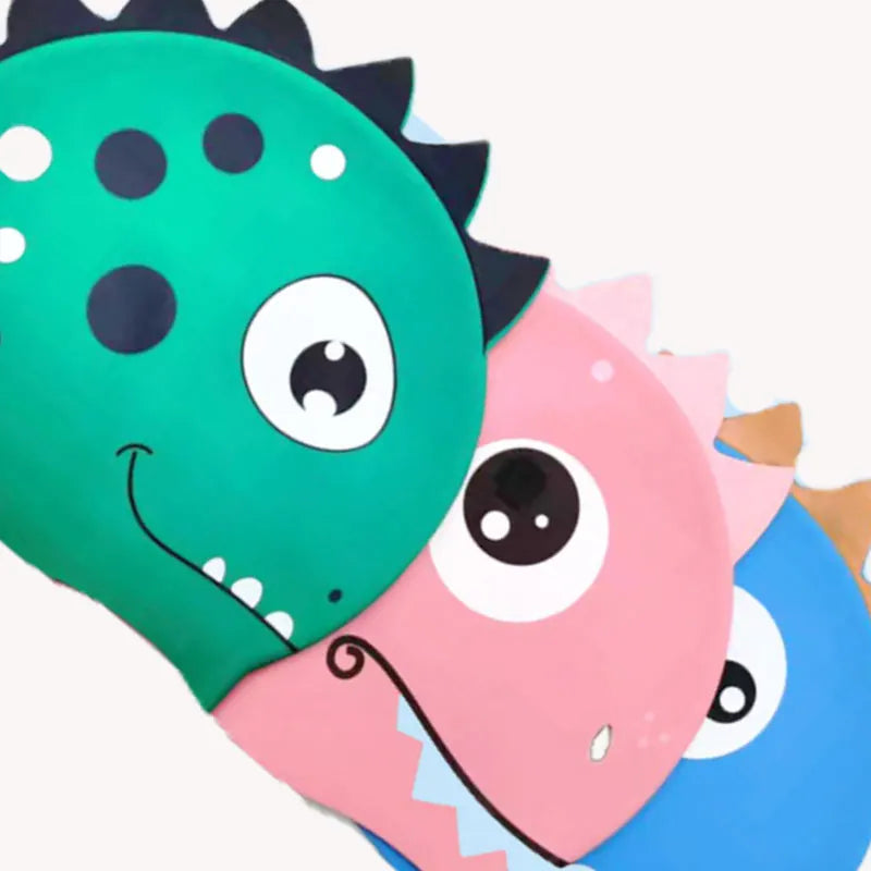 Nuevo gorro de natación de silicona con dibujos animados, gorro de piscina deportivo de pelo largo de dinosaurio resistente al agua, gorro de natación elástico para adultos y niños