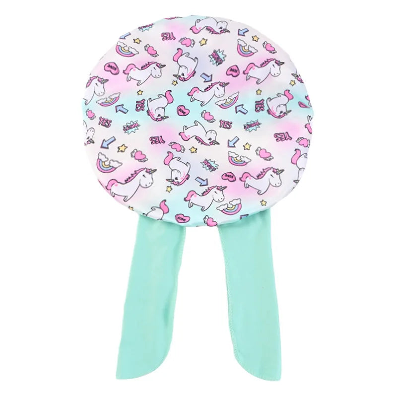 Gorro de dormir con estampado de dibujos animados de arcoíris, gorro de satén para dormir, cuidado del cabello de seda para bebés, gorro de cocina para niños, gorro de seda satinada para dormir en niños pequeños