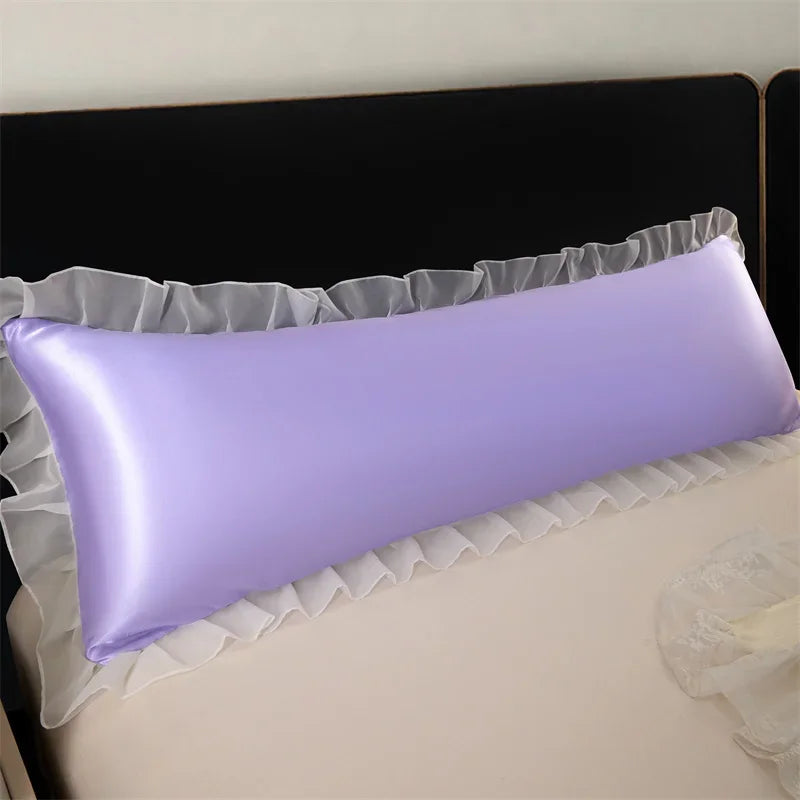 1pc Satin Silk Pillowcase with Ruffles 48x120/150/180cm Double Pillowcase Cover with Lace Smooth Long Pillow Sham for Summer