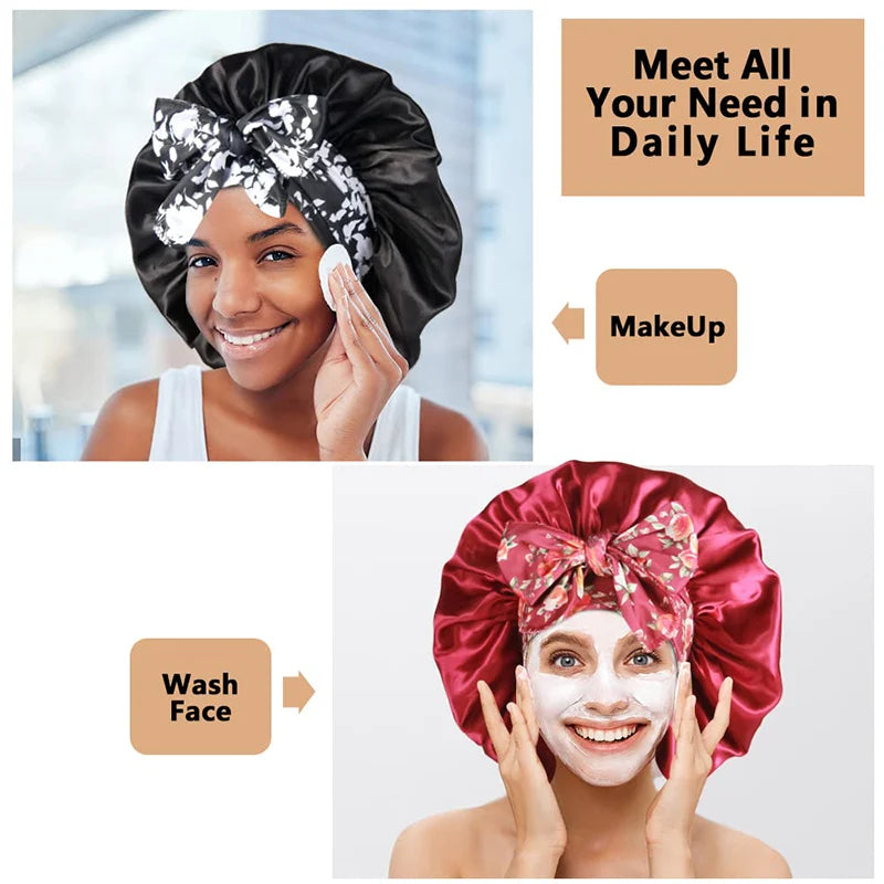 2 unids/lote, diadema con estampado bohemio, gorro de satén con cordones, gorro para el pelo con lazo, gorro elástico para dormir de noche, gorros de baño para ducha para mujer