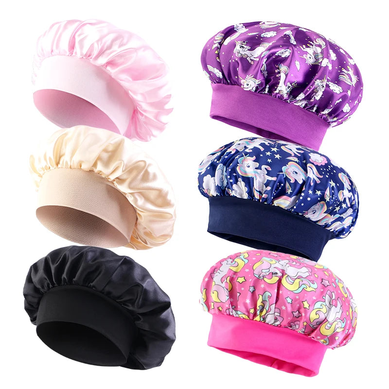 6 unids/lote gorro para niños lindo banda ancha elástico estampado de dibujos animados dormir moda gorro de dormir cuidado del cabello niños niñas gorro para dormir