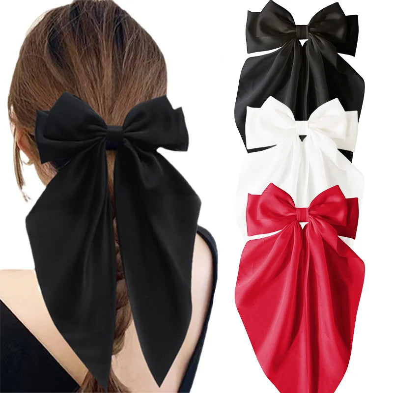 2/3/4/6/12 unids/set satén sedoso cinta con lazo de gran tamaño Clip para el cabello para mujeres pasadores Clips de Metal accesorios estéticos para el cabello