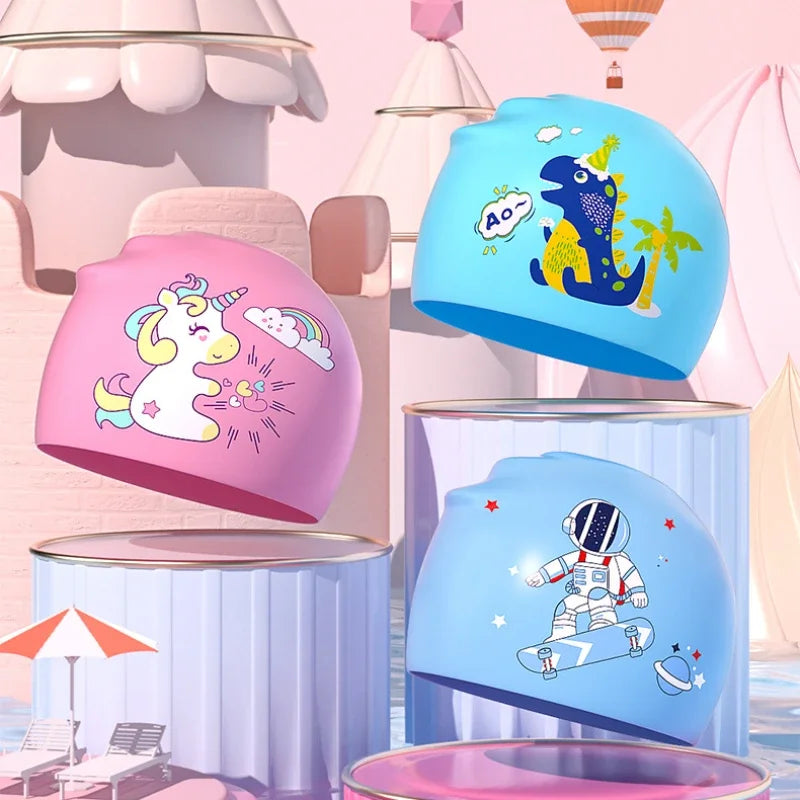Gorros de natación para niños, protección para los oídos, gorro de natación de silicona suave para niños y niñas, gorro de baño bonito de dibujos animados, accesorios para piscina