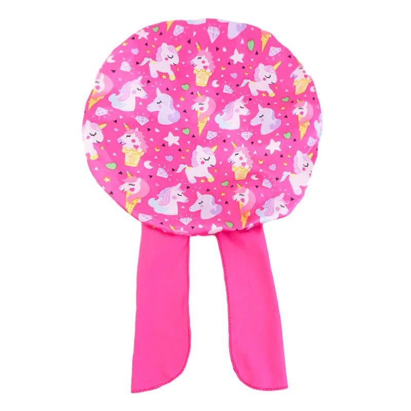 Gorro de dormir con estampado de dibujos animados de arcoíris, gorro de satén para dormir, cuidado del cabello de seda para bebés, gorro de cocina para niños, gorro de seda satinada para dormir en niños pequeños