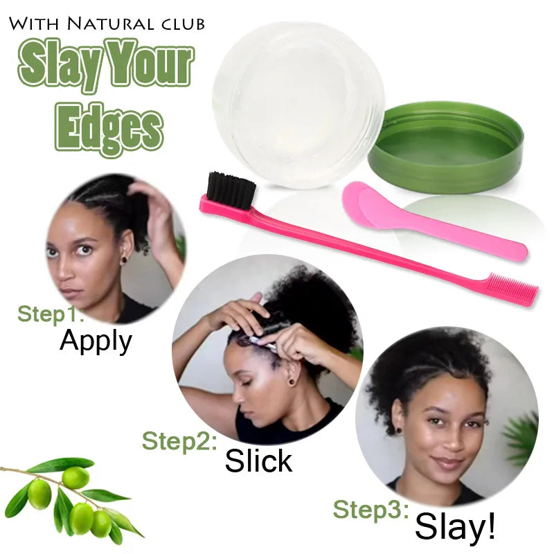 Cera de Control de bordes para mujer, Gel de Control de bordes de aceite de oliva con cepillo, cuchara, crema más suave para bordes de cabello de bebé, 2,25 Oz