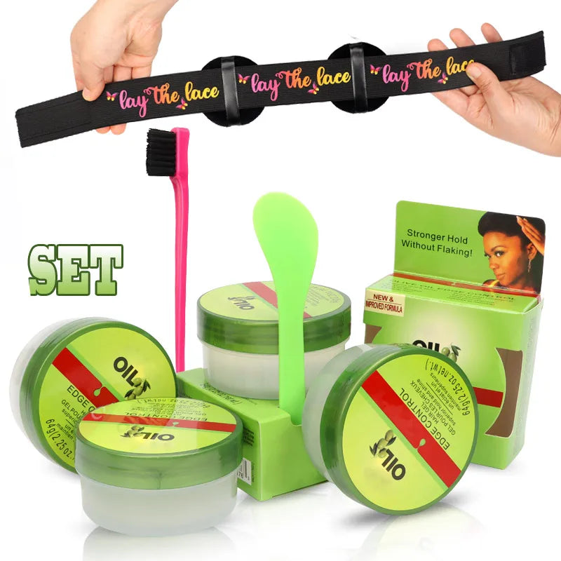 Cera de Control de bordes para mujer, Gel de Control de bordes de aceite de oliva con cepillo, cuchara, crema más suave para bordes de cabello de bebé, 2,25 Oz