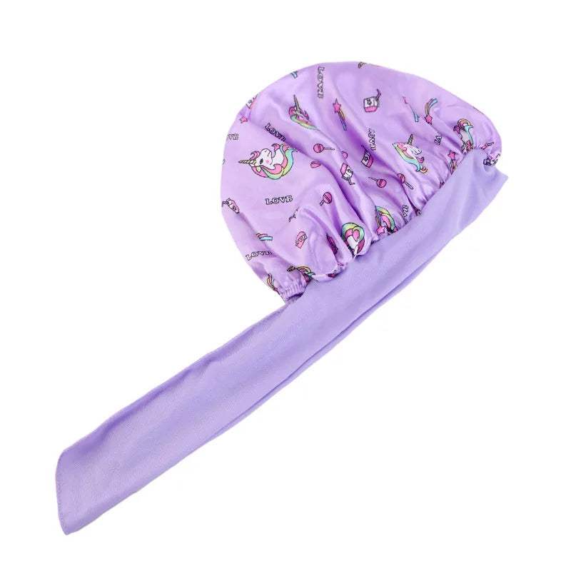 Gorro de dormir con estampado de dibujos animados de arcoíris, gorro de satén para dormir, cuidado del cabello de seda para bebés, gorro de cocina para niños, gorro de seda satinada para dormir en niños pequeños