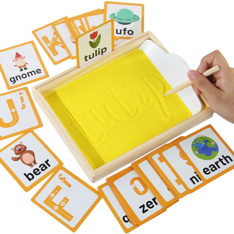 Bandeja de arena Montessori de madera con bolígrafo de madera para escribir letras y números, juguetes educativos para edades tempranas, regalos, juego de fiesta