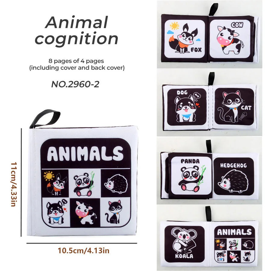 Libros de aprendizaje temprano de iluminación de 4 páginas, libro de tela blanco y negro para niños, juguetes educativos Montessori