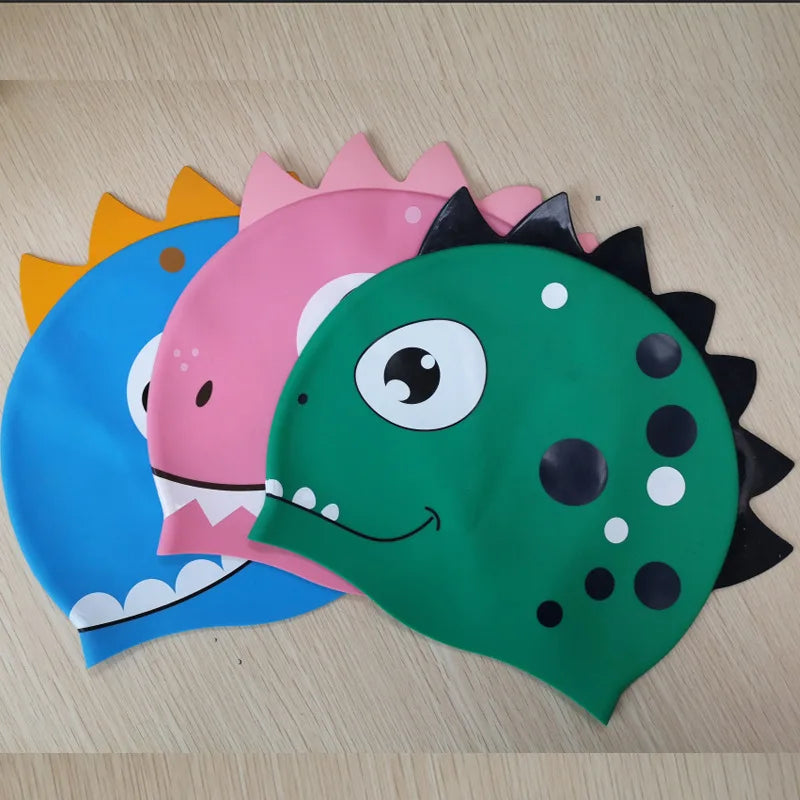 Nuevo gorro de natación de silicona con dibujos animados, gorro de piscina deportivo de pelo largo de dinosaurio resistente al agua, gorro de natación elástico para adultos y niños