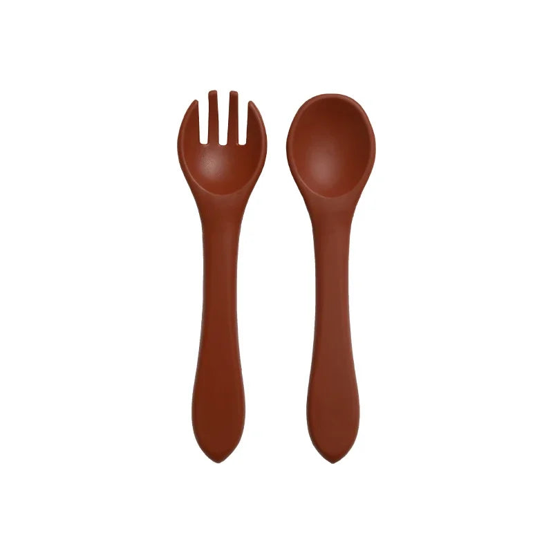 Juego de 2 unidades de tenedor cuchara de entrenamiento de bebé de silicona suave sin BPA, vajilla antideslizante de seguridad para niños, accesorios de alimentación para niños pequeños
