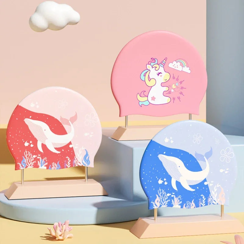 Gorros de natación para niños, protección para los oídos, gorro de natación de silicona suave para niños y niñas, gorro de baño bonito de dibujos animados, accesorios para piscina