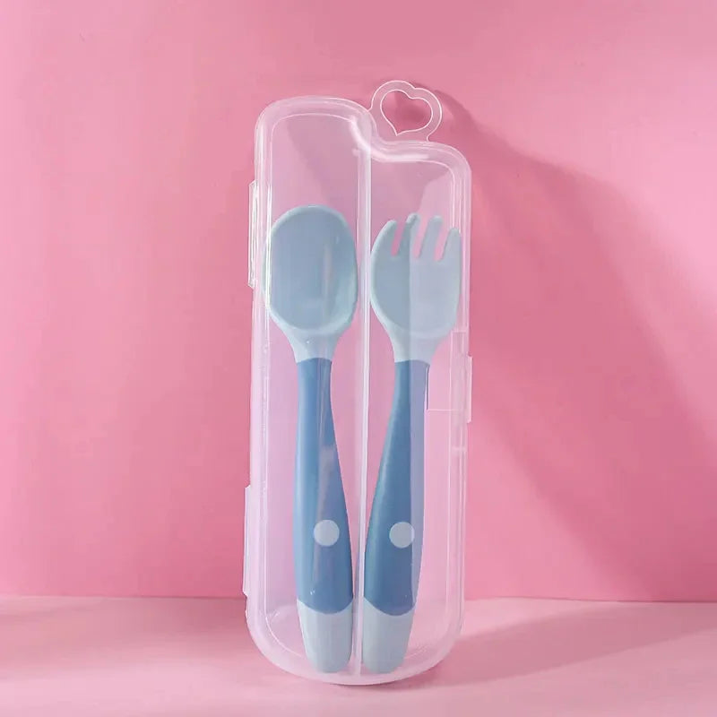 Juego de tenedor y cuchara para bebé, utensilios flexibles para niños pequeños, vajilla de entrenamiento con mango de silicona suave, herramientas de autoalimentación para bebés y niños BP