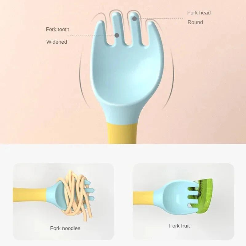 Juego de tenedor y cuchara para bebé, utensilios flexibles para niños pequeños, vajilla de entrenamiento con mango de silicona suave, herramientas de autoalimentación para bebés y niños BP