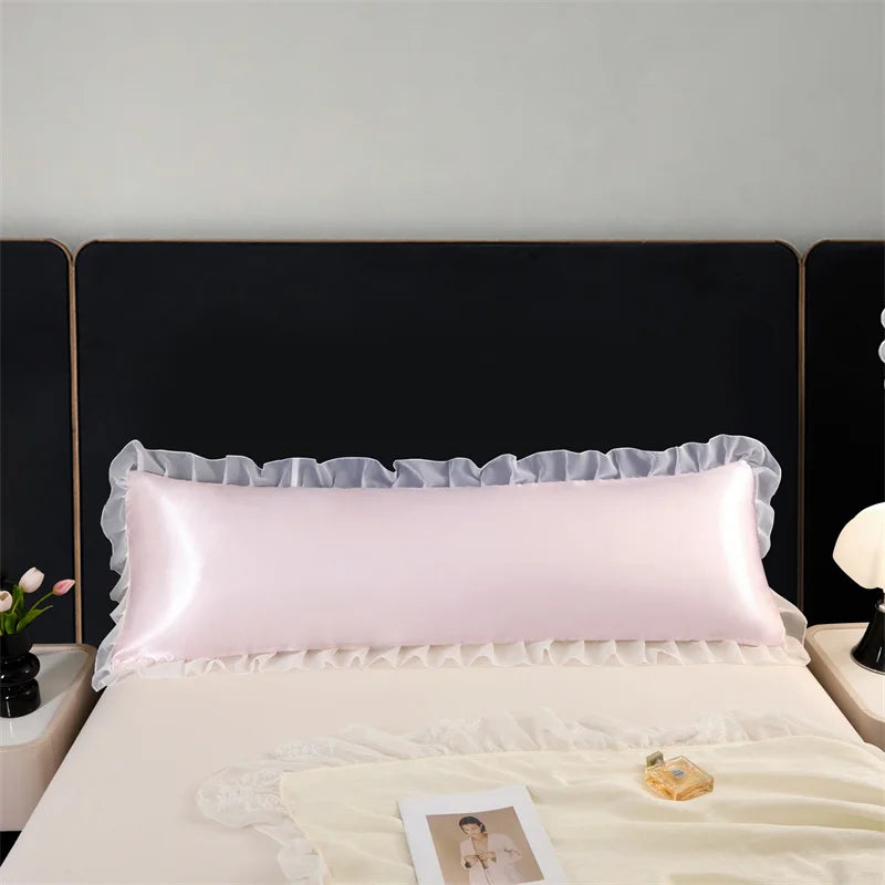 1pc Satin Silk Pillowcase with Ruffles 48x120/150/180cm Double Pillowcase Cover with Lace Smooth Long Pillow Sham for Summer