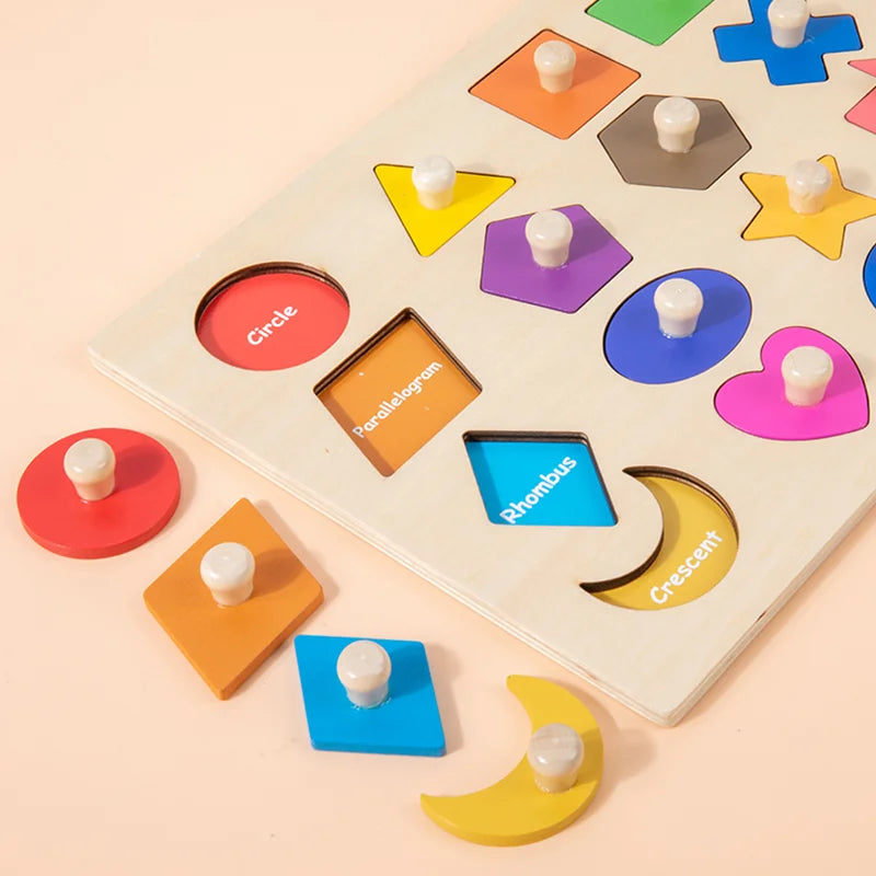 Rompecabezas de ayuda para enseñanza preescolar Montessori, tablero con incrustaciones de formas geométricas magnéticas Montessori, tablero de agarre manual con forma de madera, Juguetes