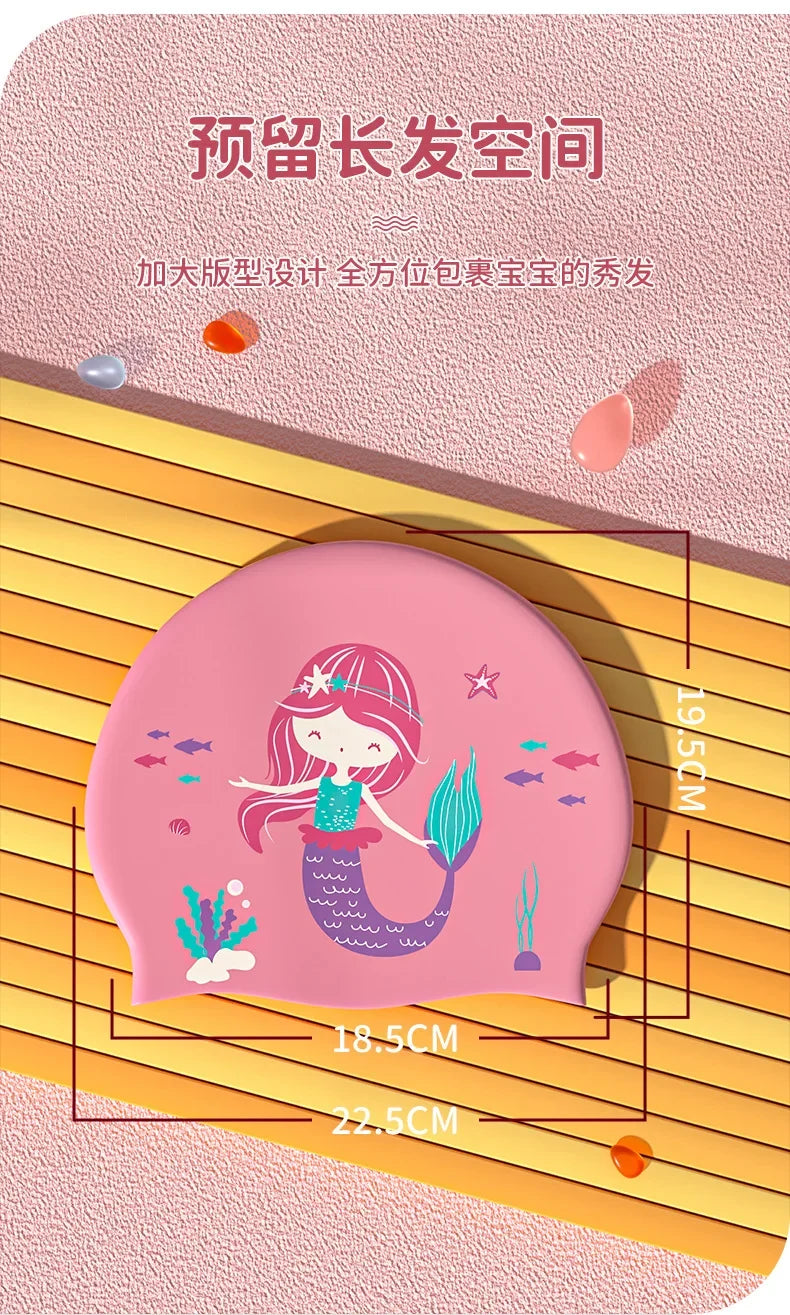 Gorros de natación para niños, protección para los oídos, gorro de natación de silicona suave para niños y niñas, gorro de baño bonito de dibujos animados, accesorios para piscina