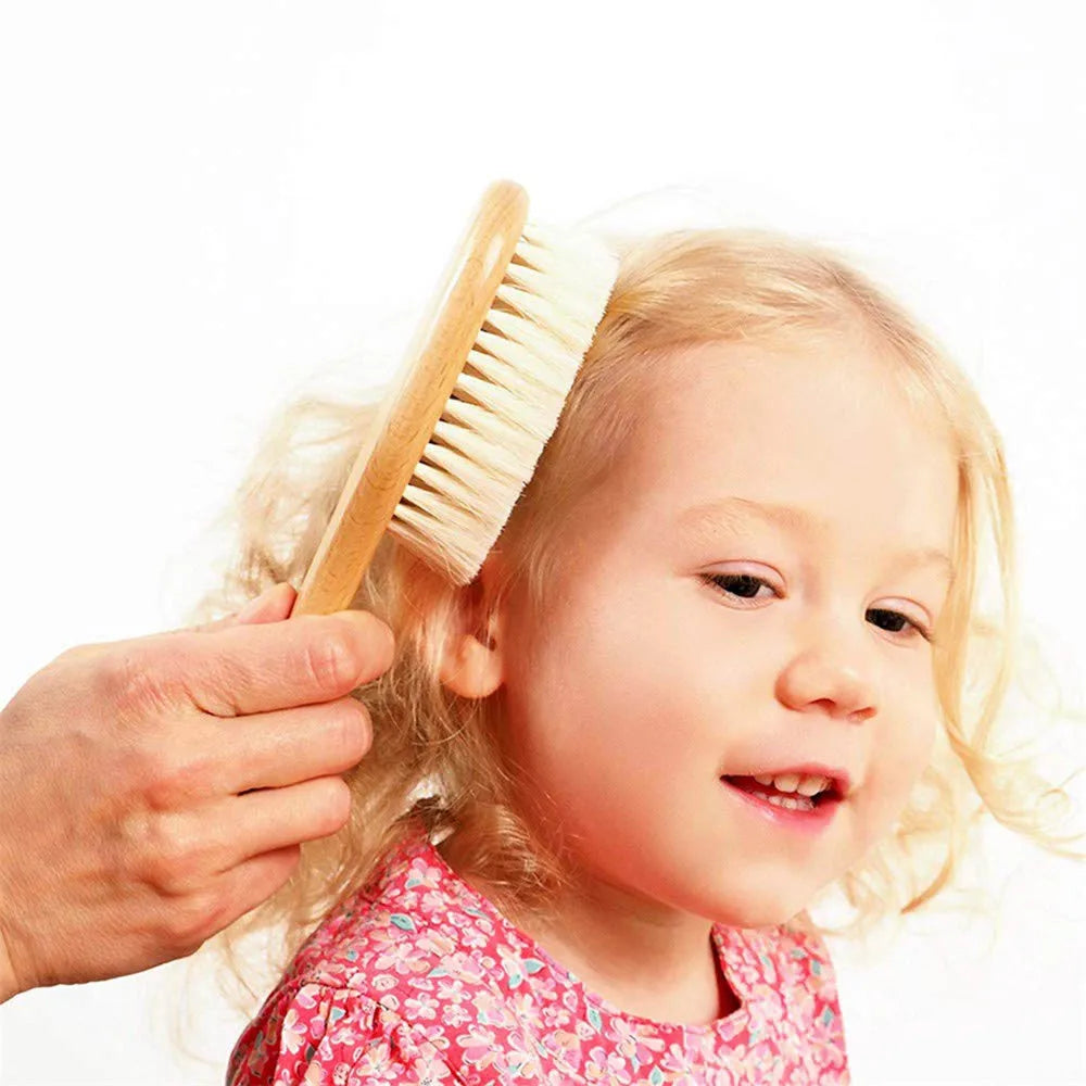 Juego de 4 Uds de cepillos y peines para bebé, cepillo de masaje de pelo de cabra Natural Ultra suave de madera para recién nacido, juego de peines para niño y niña