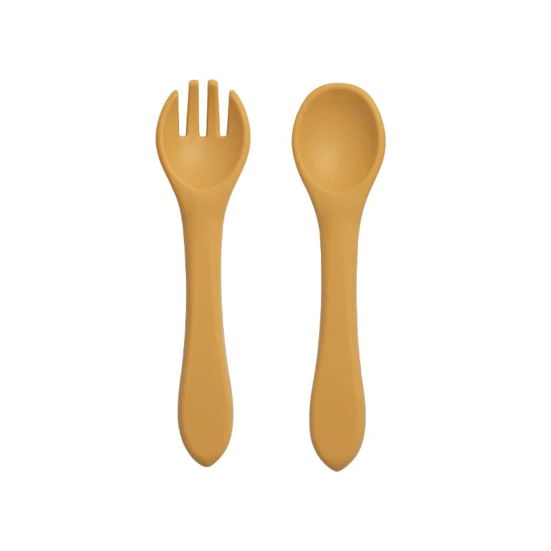 Juego de 2 unidades de tenedor cuchara de entrenamiento de bebé de silicona suave sin BPA, vajilla antideslizante de seguridad para niños, accesorios de alimentación para niños pequeños