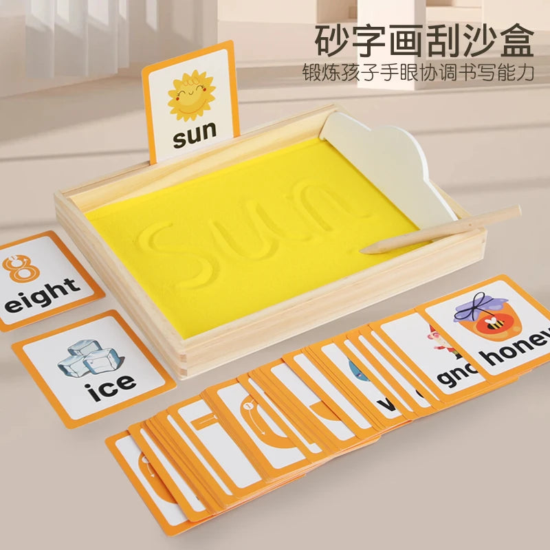 Bandeja de arena Montessori de madera con bolígrafo de madera para escribir letras y números, juguetes educativos para edades tempranas, regalos, juego de fiesta