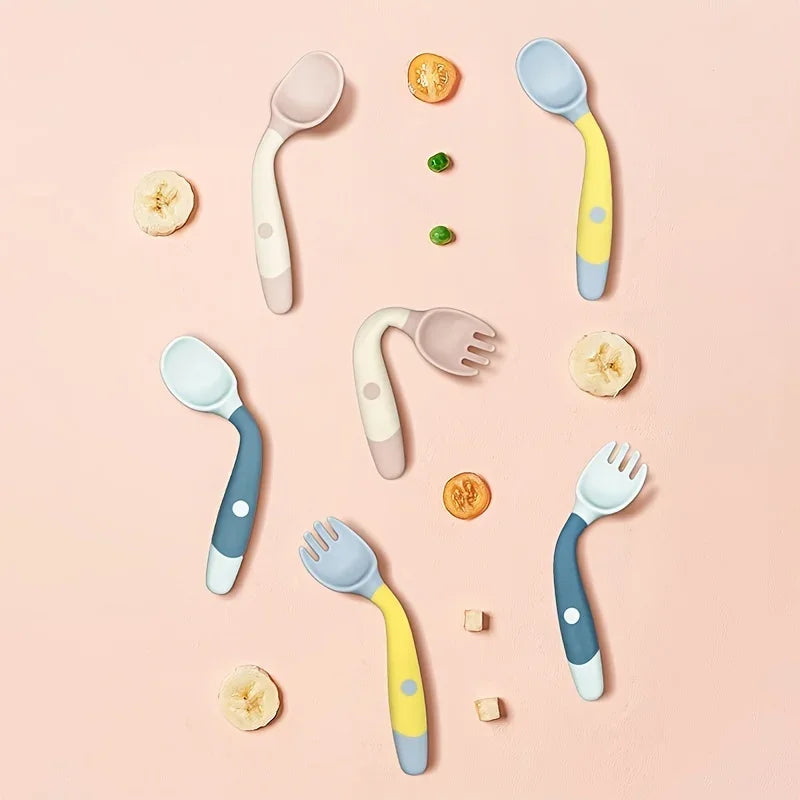 Juego de tenedor y cuchara para bebé, utensilios flexibles para niños pequeños, vajilla de entrenamiento con mango de silicona suave, herramientas de autoalimentación para bebés y niños BP