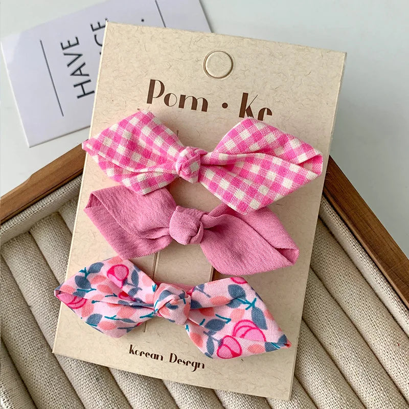 Conjunto de horquillas con lazos bonitos para niñas, flequillo Floral a cuadros, Clip para el cabello, accesorios coreanos para el cabello, tocado dulce para niños, 3 unids/lote