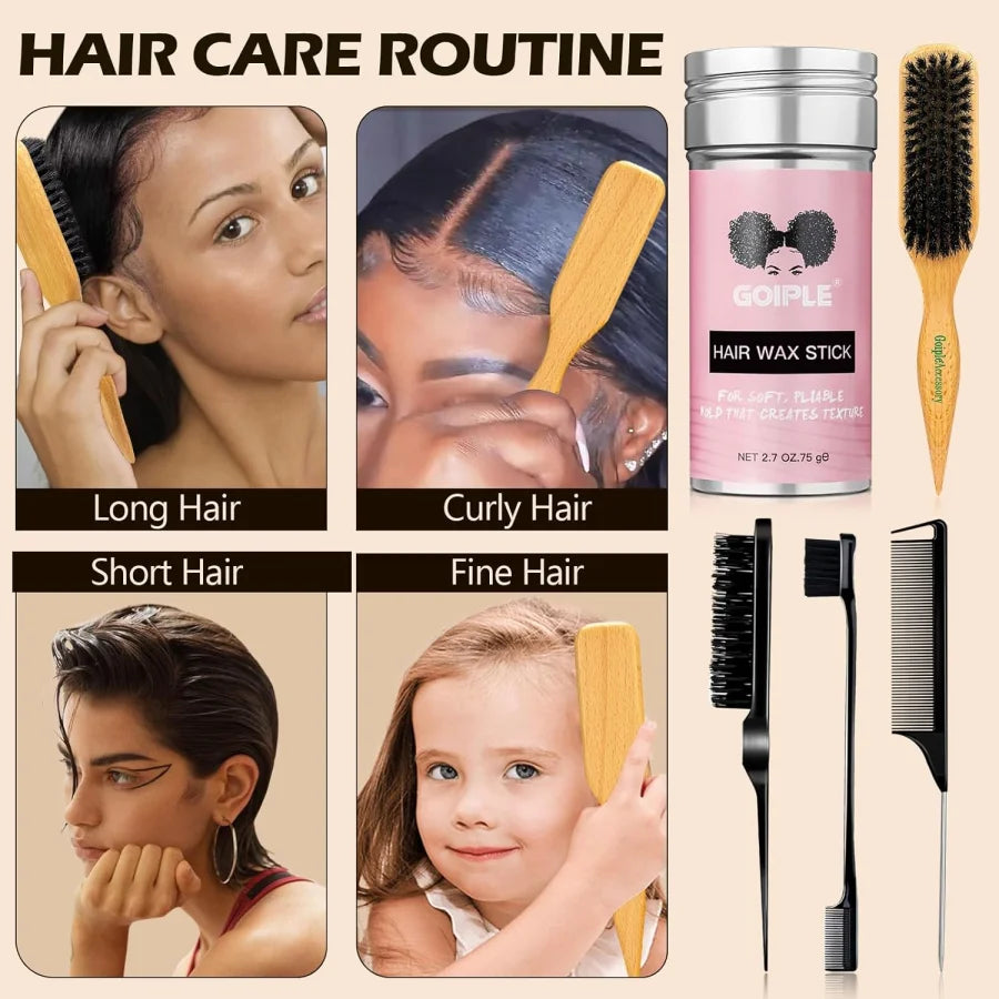 Barra de cera para peluca suave, juego de cepillos para el cabello liso, cera de peinado de larga duración, pomada, cepillo de Control de bordes, doman los pelos de bebé